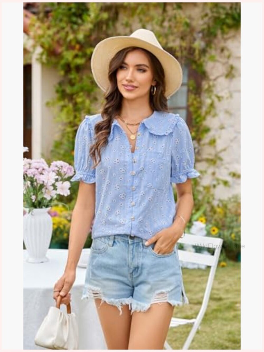 Peter Pan Collar Frilled Short Sleeve Blouse - Casual Cotton Button Up Top - Picture 2 of 7